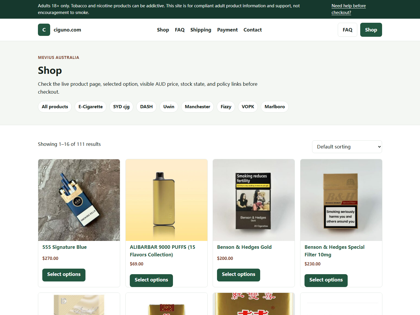 Ciguno shop or product list used for live page verification