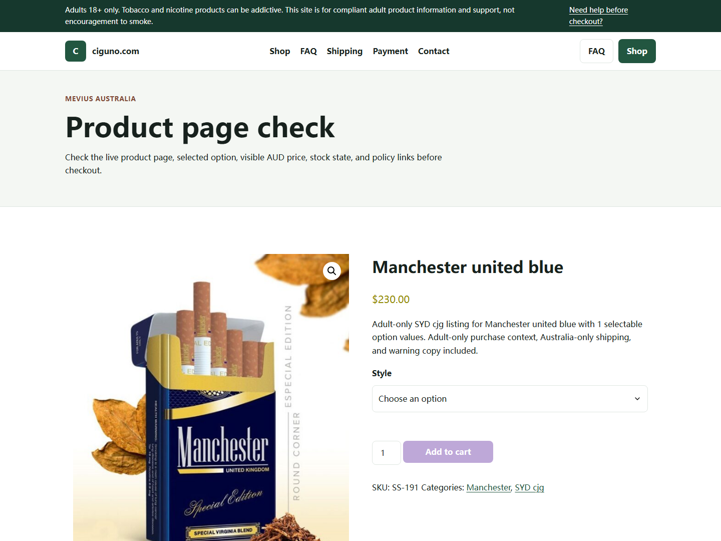 Ciguno live product page screenshot for adult verification
